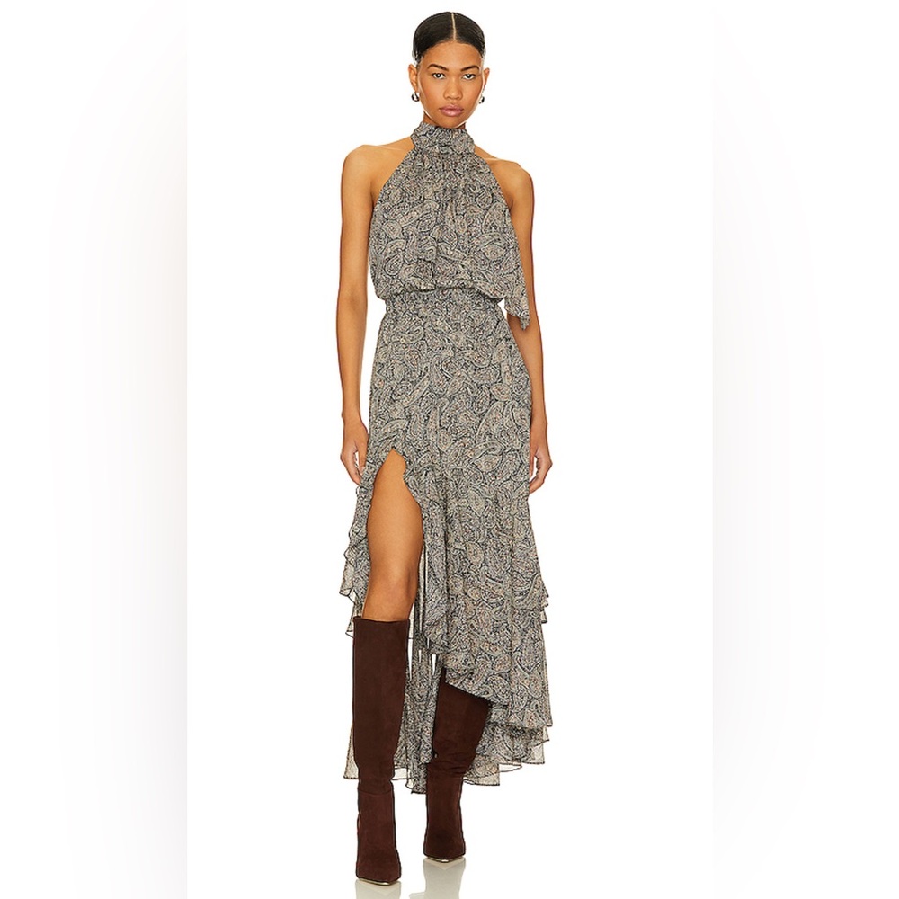 NEW REVOLVE MISA Los Angeles- Aneva Sleeveless Tiered Back-Tie Midi Dress